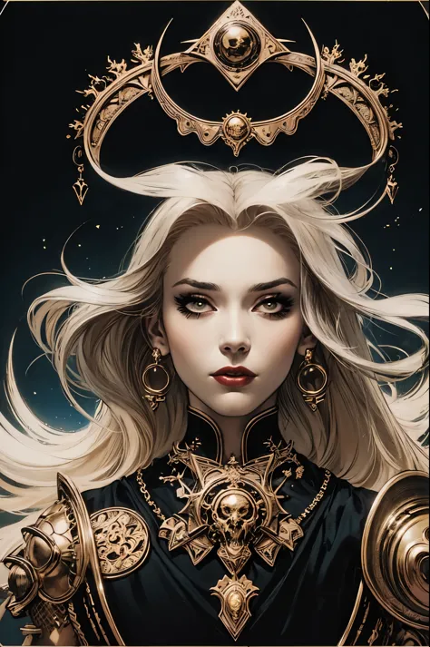 (best quality, masterpiece), (tarot, tarot card,:1.1) solo platinum blonde female as powerful Lady Death, black background, gold...