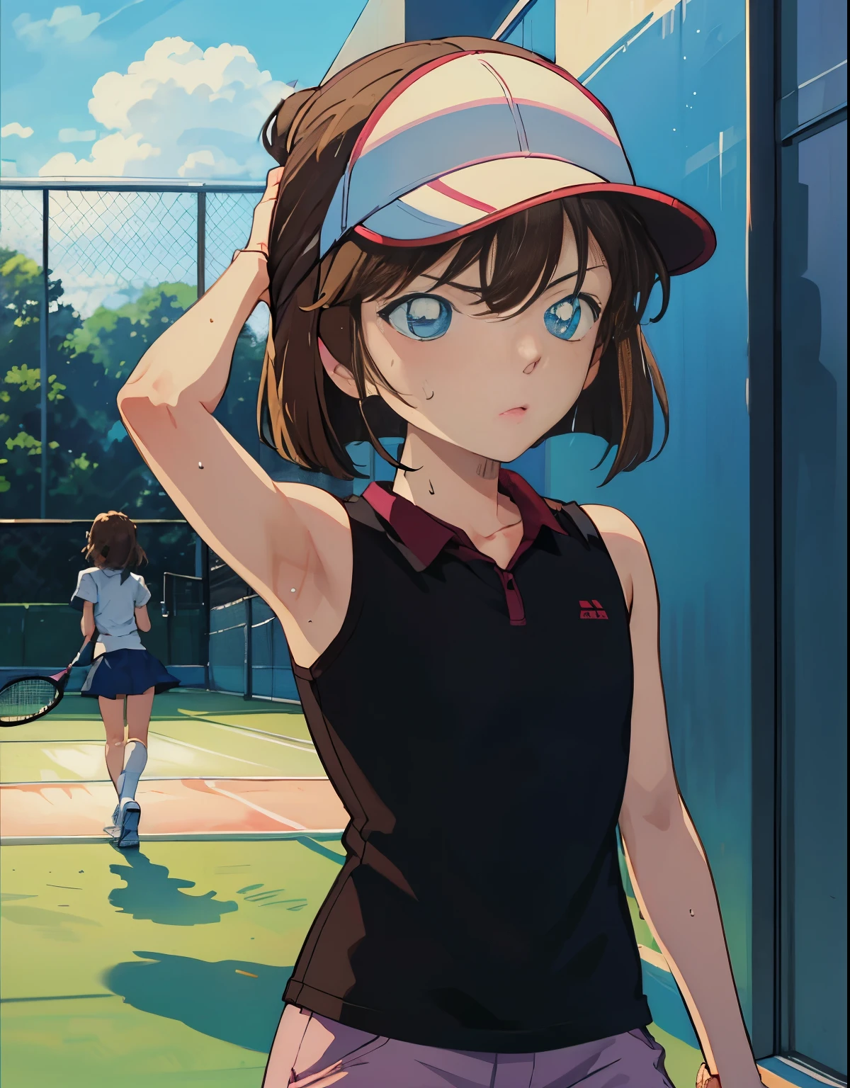 Ai Haibara、playing tennis、Tennis court、Sun visor、Sigh、Sweat、10 years old、girl alone