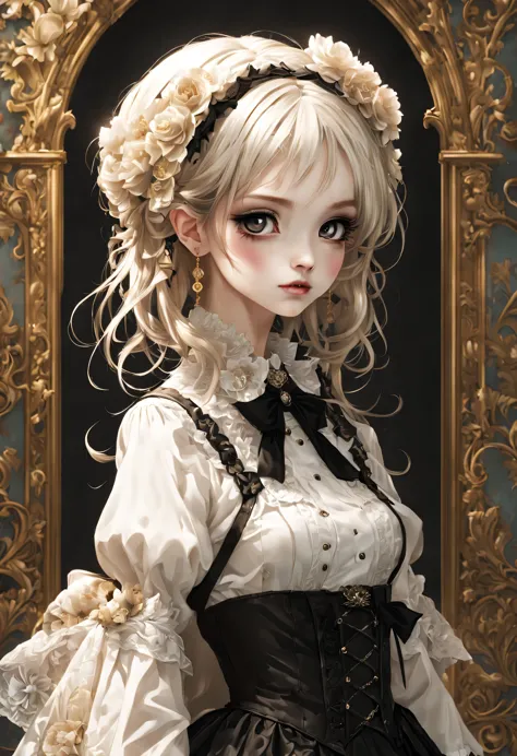 A masterpiece of gothic horror painting,((Beautiful girl standing:Gothic Lolita:12 years old:Temporary:beautiful girl:cute:adora...