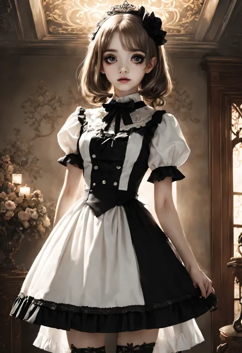 A masterpiece of gothic horror painting,((Beautiful girl standing:Gothic Lolita:12 years old:Temporary:beautiful girl:cute:adora...