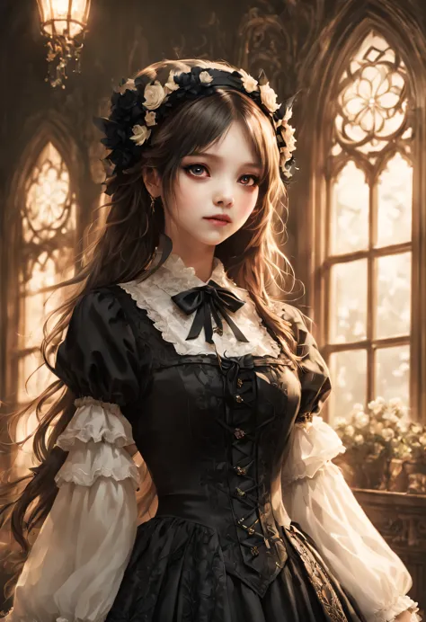 gothic horror masterpiece,((beautiful girl standing:gothic lolita:12 years old:temporary:beautiful girl:cute:adorable)),gothic h...