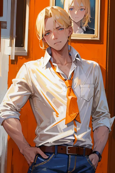 A perfect portrait of a blonde europian guy with positive canthal tilt, sharp eyes, orange pupils, wearing white shirt, jeans