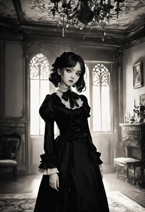 Gothic horror masterpiece,((Beautiful girl standing:Gothic Lolita:12 years old:Temporary:beautiful girl:cute:adorable)),gothic h...