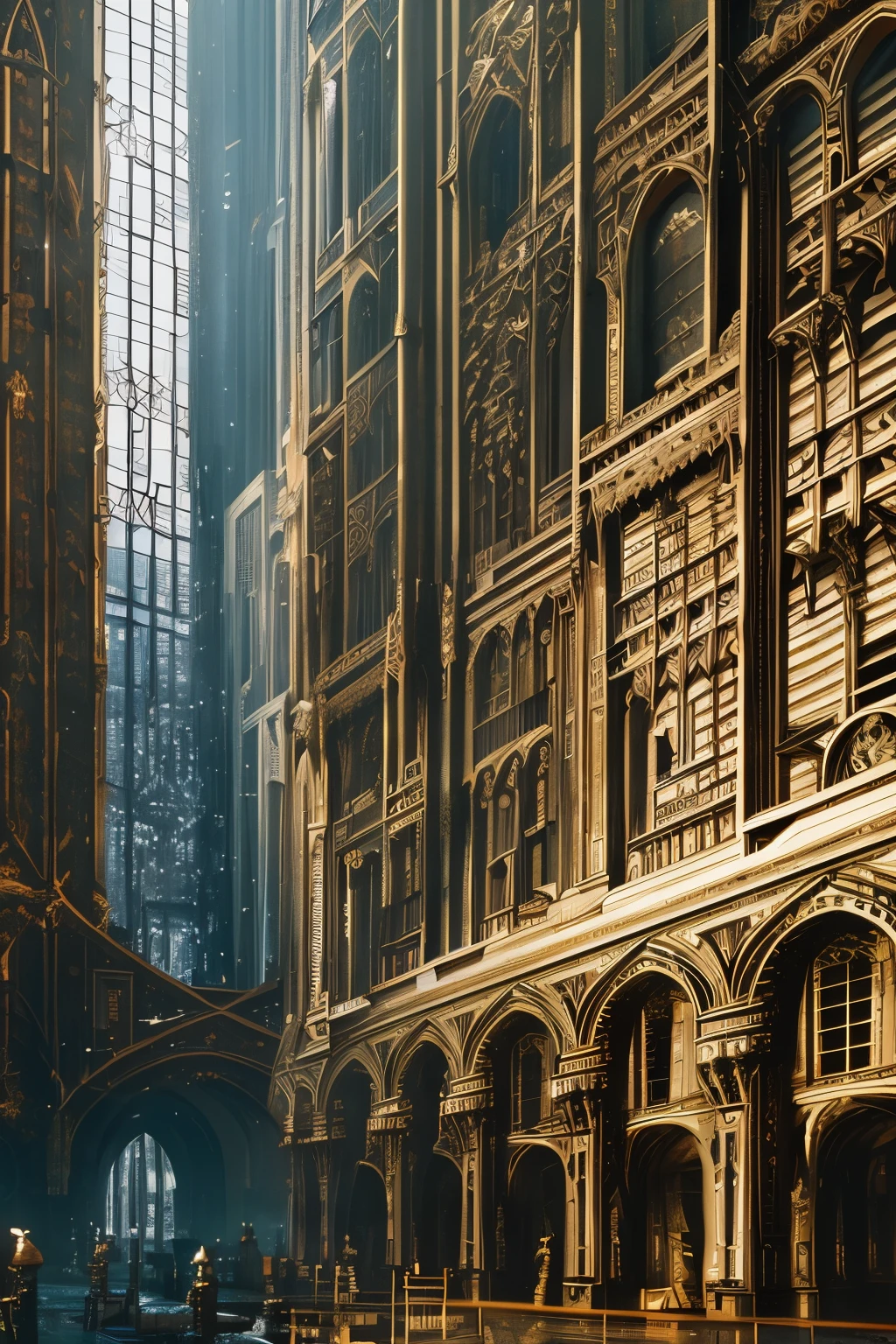 best quality, gothic aesthetic, Northern Renaissance style, cyberpunk, city, galaxy, translucent, 3D, 32k, RAW photo, incredibly absurdres, extremely detailed, delicate texture, delicate, flashy and dynamic depiction