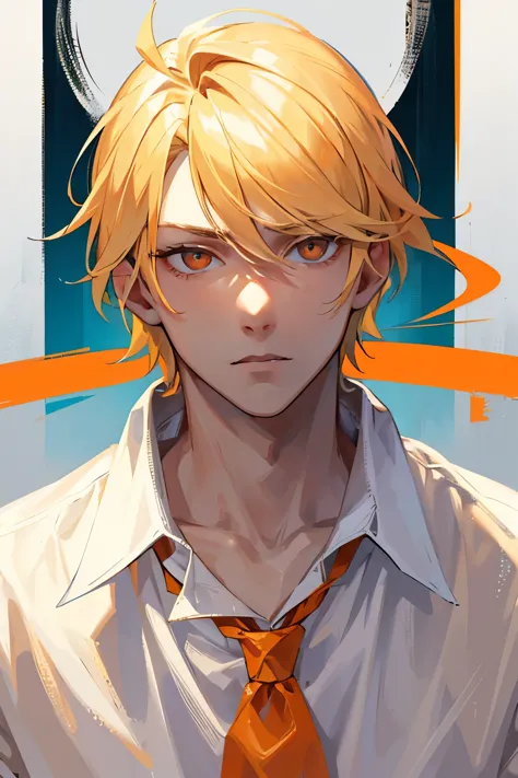 A perfect portrait of a blonde europian boy, sharp eyes, orange eyes, wearing white shirt, bad boy clothing, bad boy hairstyle, ...