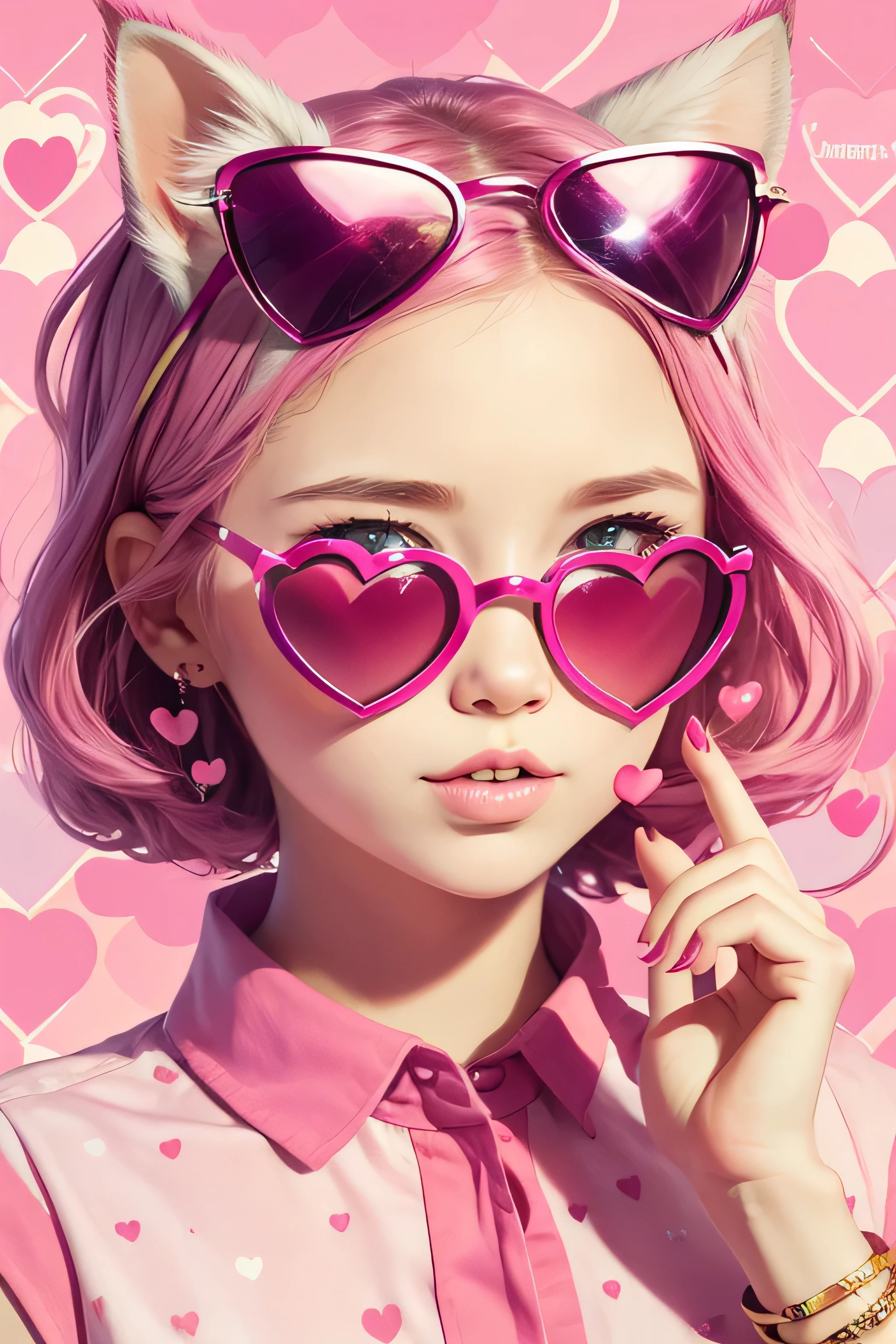 {Funny portrait cute kitty with a heart shaped sunglases} illustration in the style of steve hillier, pink, quirky details, candy hearts pattern background, harry shoulberg, creased, captivating, talbot hughes, no hands, close up