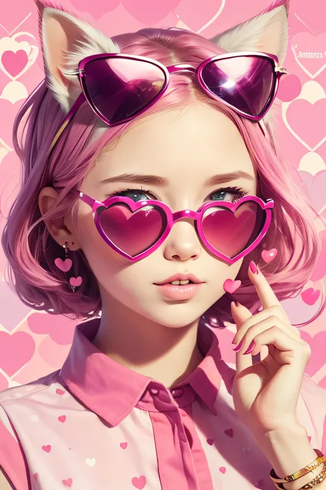 {funny portrait cute kitty with a heart shaped sunglases} illustration in the style of steve hillier, pink, quirky details, cand...