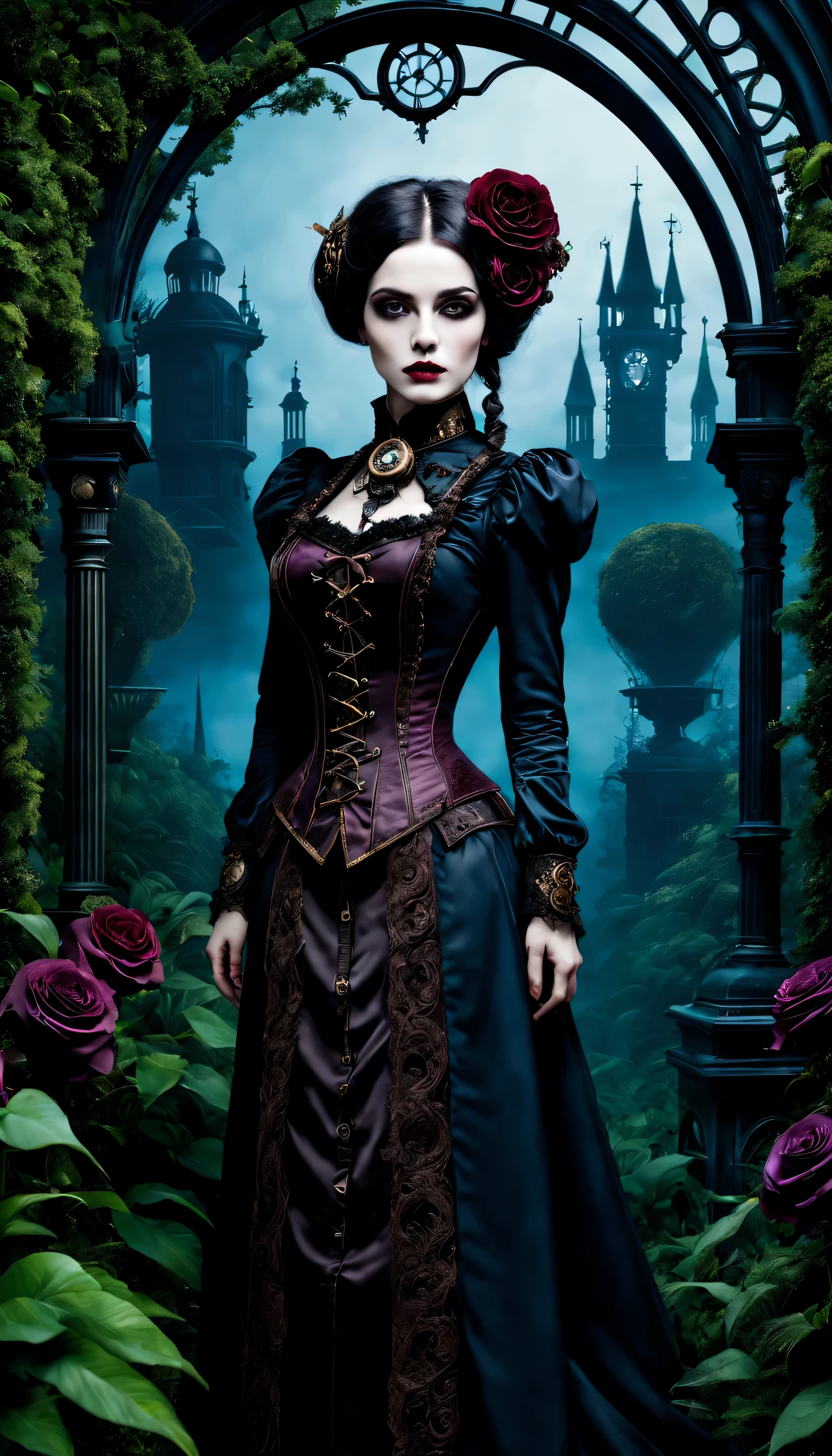 (고딕 미학,빅토리아 스타일,스팀펑크,어두운,낭만적인,잊을 수 없는,) In a 어두운, 신비한 환경, a girl with a 빅토리아 스타일 outfit stands in a gothic garden. 그녀는 아름답고 세밀한 눈을 가지고 있어요, 눈길을 사로잡는 긴 속눈썹으로. 입술도 정말 섬세해요, 그녀의 매혹적인 존재감을 더해주는. 여자 얼굴이 정말 디테일하네요, 절묘한 얼굴 특징은 그녀의 우아함을 보여줍니다. 她散发着神秘和낭만적인气息. 정원에는 무성한 식물이 가득합니다, 자란 식물, creating a 잊을 수 없는 atmosphere. 기계 요소와 얽힌 식물, giving the garden a 스팀펑크 twist. 위의 하늘은 깊다, 어두운 blue, 고딕적인 분위기를 더해줍니다.. 예술 작품은 최고 품질입니다, 최고 해상도에서도 복잡한 디테일을 확인하세요, 예를 들어 4K 또는 8K. 모든 요소가 매우 세밀하게 포착됩니다., 사실적인 느낌을 연출해보세요. 조명은 스튜디오 조명을 연상시킵니다., 드라마틱한 그림자가 현장의 신비로운 분위기를 더욱 돋보이게 합니다.. 작품에 사용된 밝은 색상, with a color palette that leans towards 어두운 and moody tones. 진홍색 색조, 보라, 검정색이 이미지를 지배함, adding to the 고딕 미학. The overall color scheme contributes to the 잊을 수 없는 and 낭만적인 atmosphere. 이 고딕풍의 장면에서, 빅토리아 시대 요소의 조합, 스팀펑크 influences, and 어두운 aesthetics creates a captivating visual experience. 기술이 빅토리아 시대의 우아함과 신비로움과 조화를 이루는 세계로 시청자를 안내합니다., 상상력을 자극하다，무한한 가능성을 가져오세요.