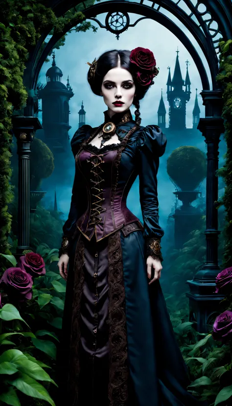 (Gothic aesthetics,victorian style,Steampunk,dark,Romantic,unforgettable,) In a dark, mysterious environment, a girl with a victorian style outfit stands in a gothic garden. She has beautiful detailed eyes, With eye-catching long eyelashes. Her lips are al...
