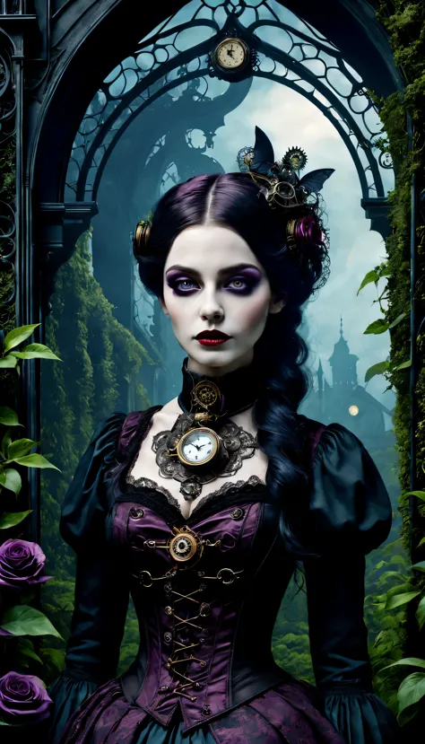 (Gothic aesthetics,victorian style,Steampunk,dark,Romantic,unforgettable,) In a dark, mysterious environment, a girl with a victorian style outfit stands in a gothic garden. She has beautiful detailed eyes, With eye-catching long eyelashes. Her lips are al...