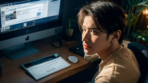 (best quality:1.3),a young man，Research computer systems，in the room，Wide-angle lens，Expression close-up，night， screen，Texture