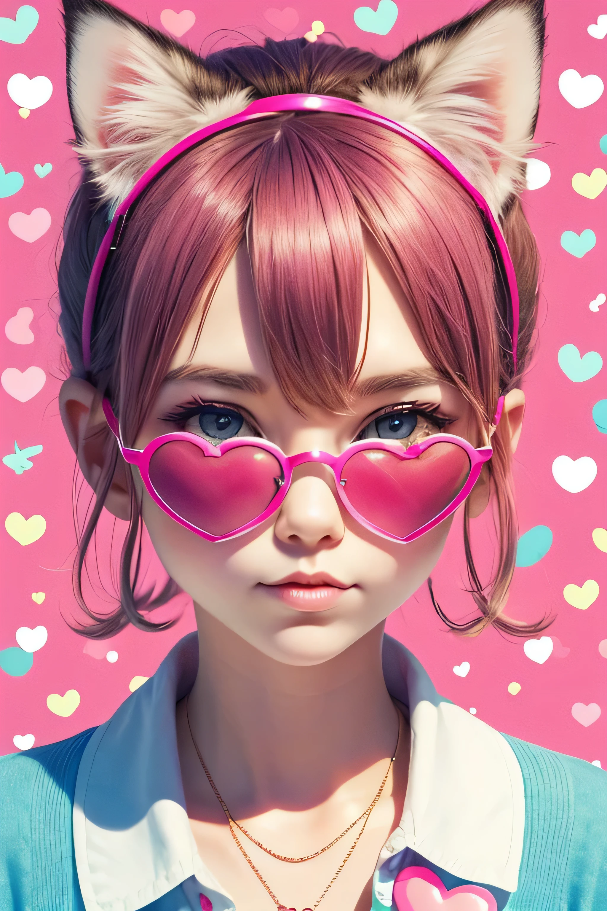 distance from view {Funny portrait cute kitty with a heart shaped sunglases} illustration in the style of steve hillier, pink, quirky details, candy hearts pattern background, harry shoulberg, creased, captivating, talbot hughes, no hands,