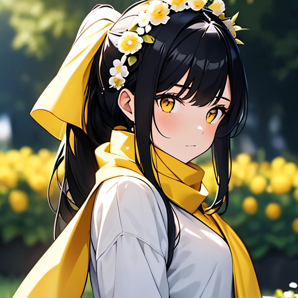 a girl with a 흑발 and white and yellow outfit and in a garden background, 꽃관을 쓰고, (여자 1명:0.872), (흑발:0.758), (흐릿한:0.926), (흐릿한 background:0.703), (노란 눈:0.562), (피사계 심도:0.625), (포니테일 머리:0.855), (옥외:0.541), (노란 스카프:0.9), (홀로:0.886), (상체:0.683)