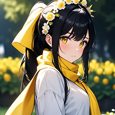 a girl with a black hair and white and yellow outfit and in a garden background, wearing flower crown, (1girl:0.872), (black hai...