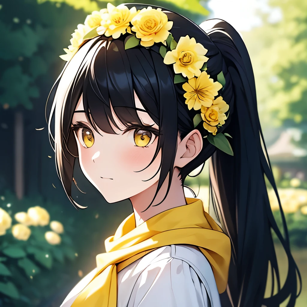 a girl with a schwarzes Haar and white and yellow outfit and in a garden background, Blumenkrone tragen, (1 Mädchen:0.872), (schwarzes Haar:0.758), (verschwommen:0.926), (verschwommen background:0.703), (gelbe Augen:0.562), (Tiefenschärfe:0.625), (Pferdeschwanzhaar:0.855), (draußen:0.541), (gelber Schal:0.9), (Allein:0.886), (Oberkörper:0.683)