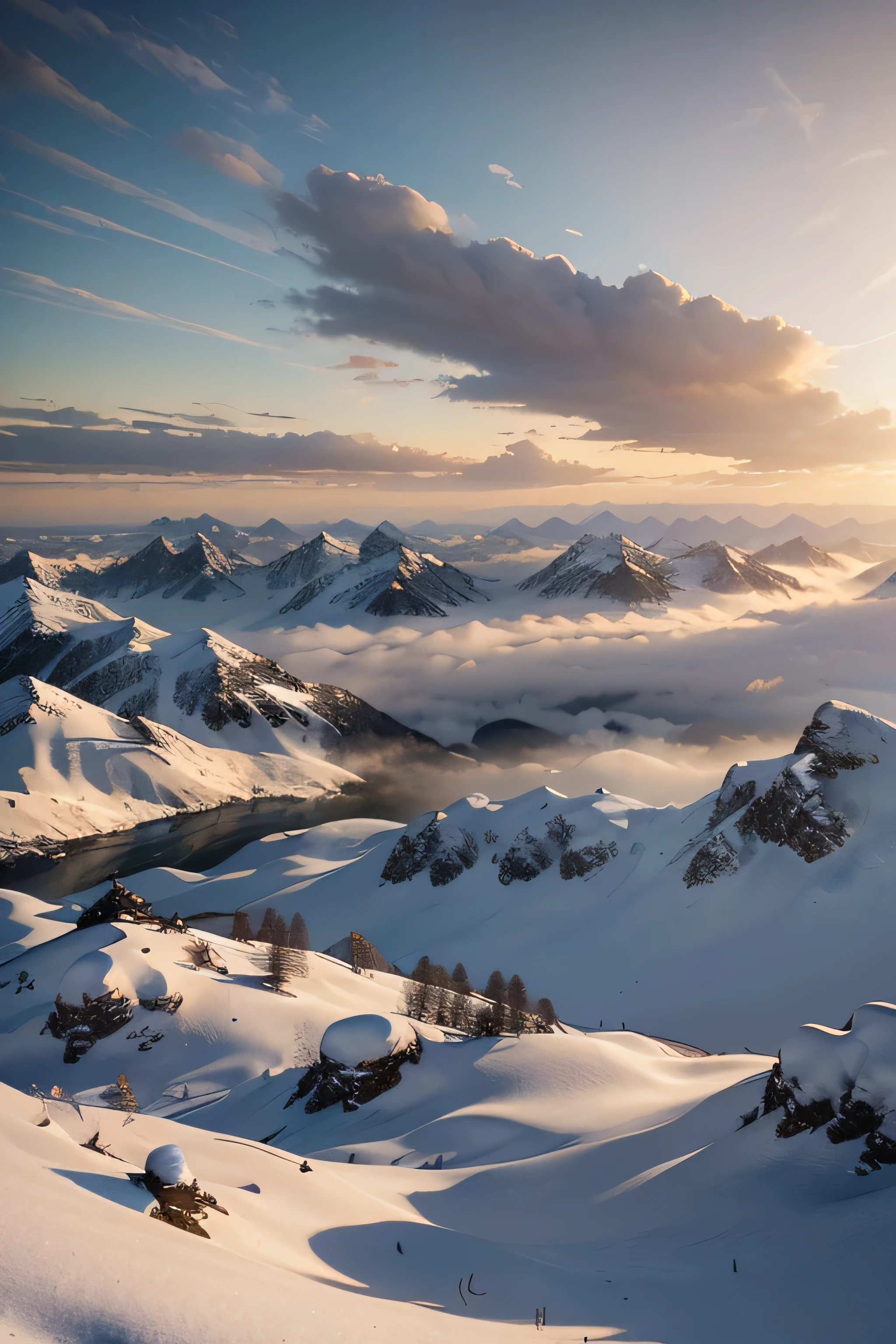 film art, concept art, masterpiece, wide-angle perspective, S-shaped composition, a picture of the mountain scenery from near to far in a cinematic vision, with distinct levels, clear high and low, distant sunset on the top of a snowy mountain, HD texture, distant layered snowy mountains, white clouds,