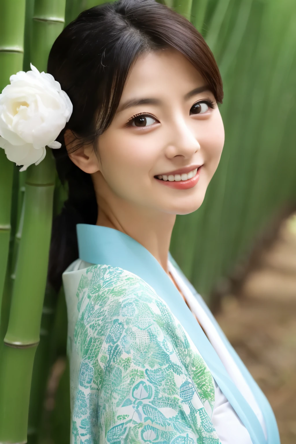 Wearing a white wet translucent kimono、Realistic Japan woman in bamboo bushes,  beautiful japanese female, beautiful japanese female, goddess of Japan, Beautiful Japan Female Face、Tie up your hair、Inserting kanzashi、A MILF、Sexy Japan woman、A 40-year-old woman、Looking at the camera、facing front