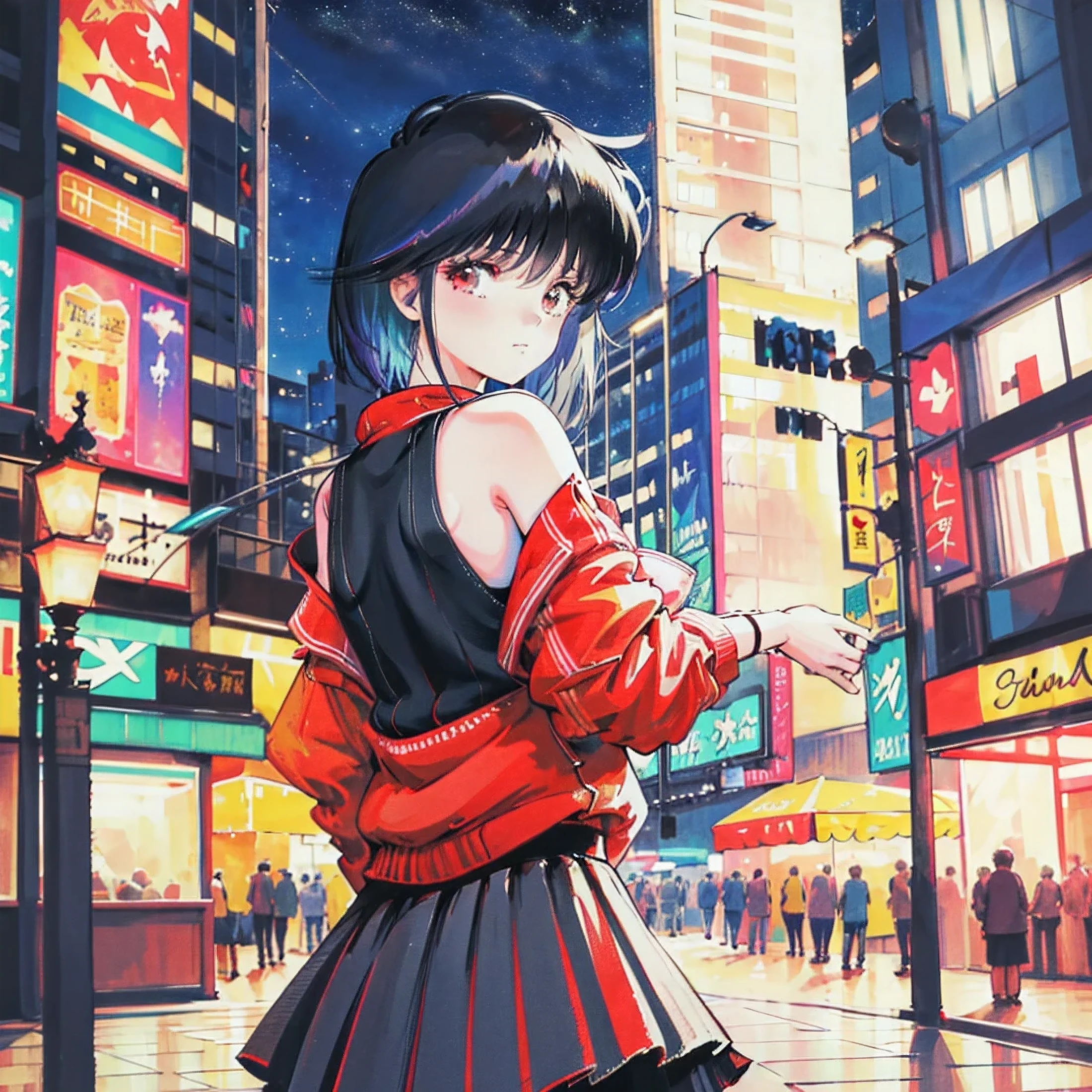 ((masterpiece)), (best quality),, official art, Extremely detailed CG unified 8k wallpaper, Very detailed, skin shiny, depth of field, bright colors,, 1 girl, (bending:0.4), (whole body:0.6),, short hair, Bangs, red eyes, skirt, looking at the audience, night, street, neon, looking back, Star (Sky), crowd, Upper body,
