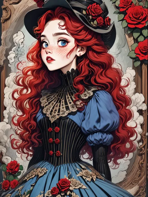 （best quality，masterpiece：1.2，detailed details，4k），（girl, red hair，big eyes，small freckles，hat），（roses，gothic），（vaporwave，transp...