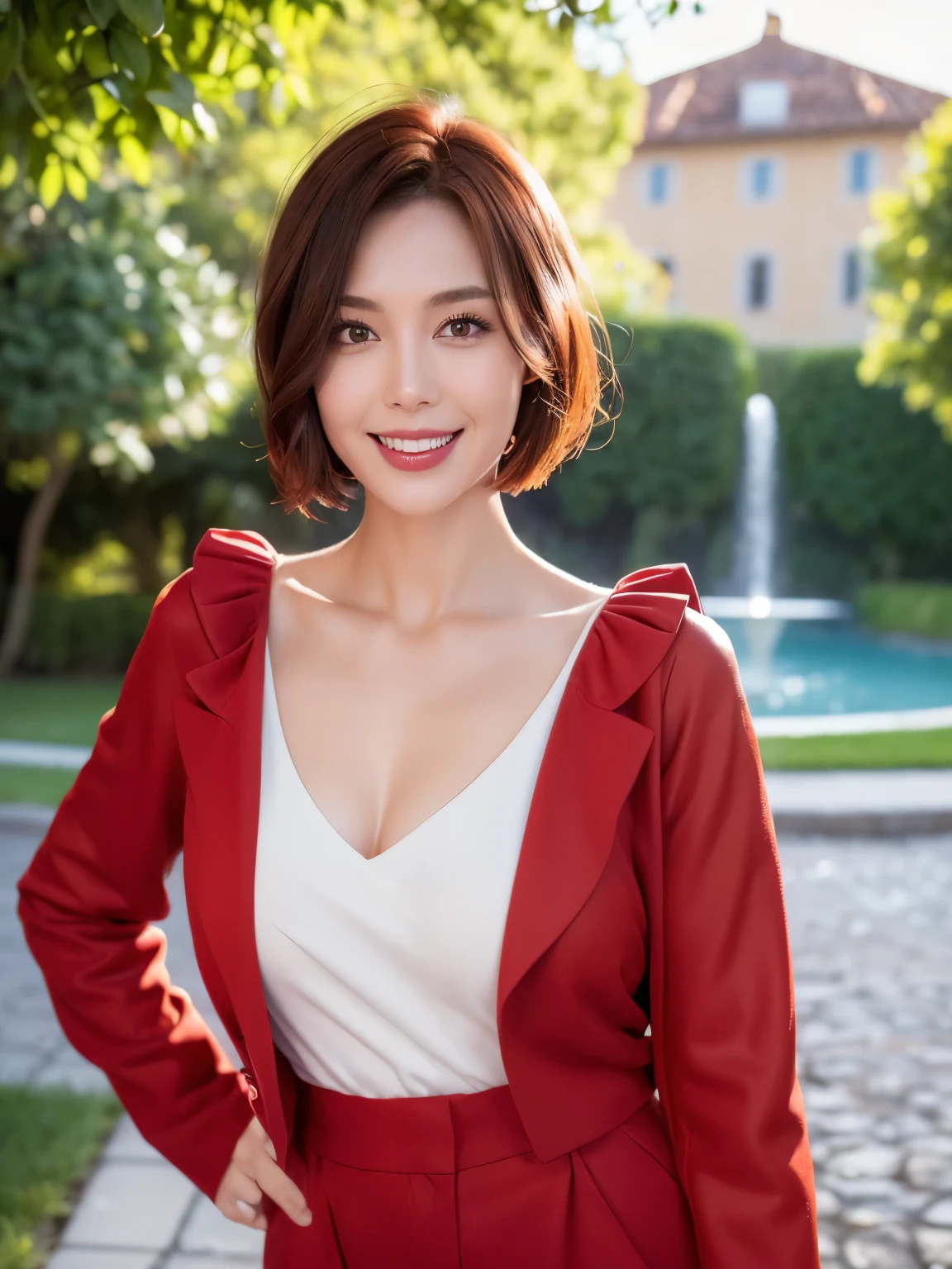 （38 years old), （black wool jacket）,（white wool pants）、（white ruffle blouse）, double eyelid, eyelash, Red lip gloss, (smile:1), ((近い your eyes:0.85)), (looking at the viewer、Are standing), (From above:0.2)、尖ったred mouth、(reddish brown wet shiny short hair),red mouth,clavicle、 (Photoreal:1.3),(RAW photo）,(Woman standing in front of an old castle, beautiful lawn, fountain, and bright sunlight in the city of Modena, Italy) , 8k, super detail, best quality, textured skin, anatomically correct, masterpiece , top quality, cinematic lighting, Use perspective throughout , surrealism , ,(photorealistic:1. 3),(RAW photo) , black hair, light smile, short hair, bob cut, anaglyph, stereogram, (MILF:1), (38 years old), ((Close:0.5)), glare, double eyelids, lip gloss, (smile:1), ((eyes closed:0.85)), red mouth, collar bone, ((looking at viewer)), (short auburn hair wet and shiny), (full body in view) , Slightly thicker body shape , wide-eyed eyes , perfectly round eyes , fine texture