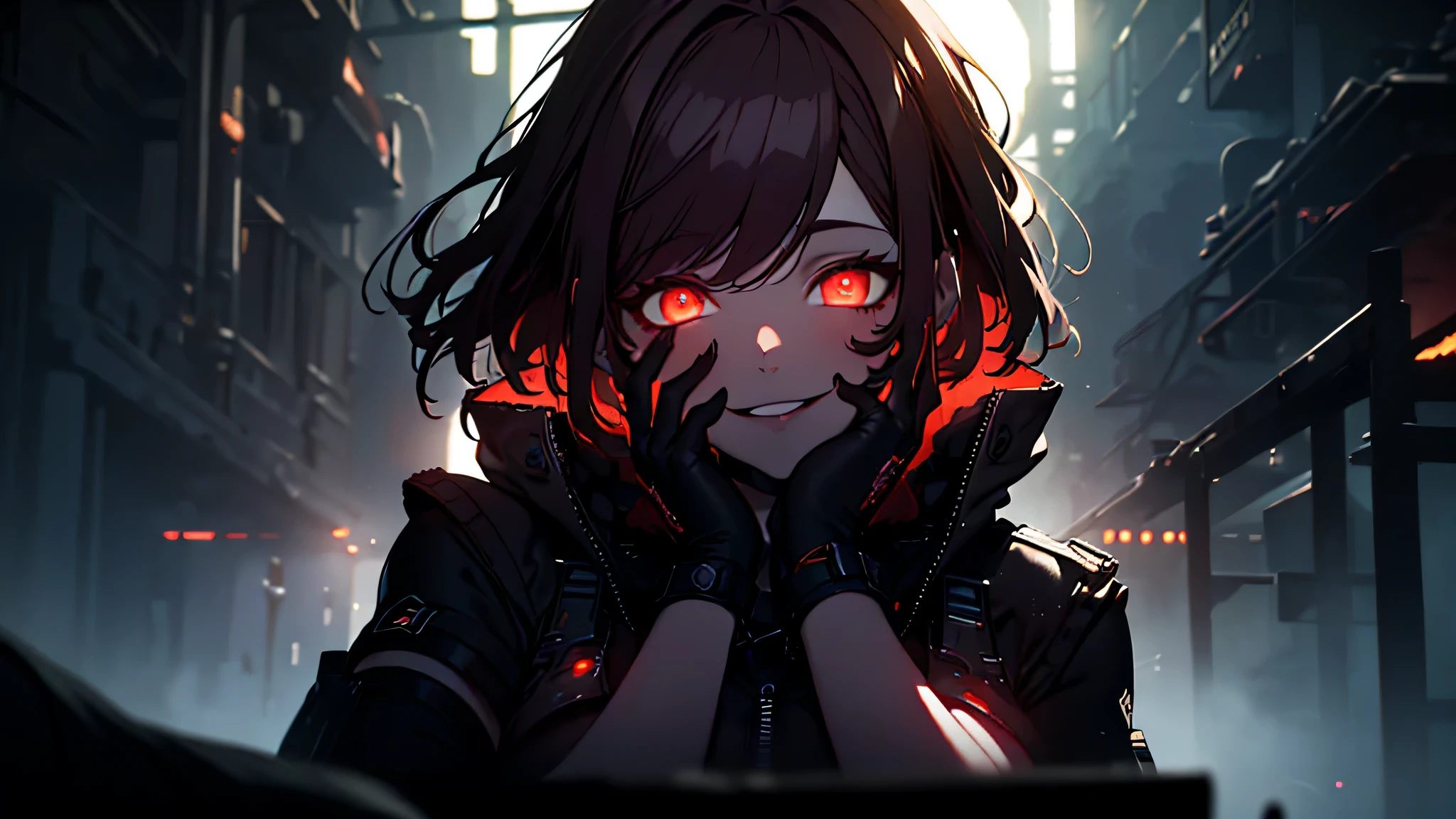 Anime girl with red eyes and black gloves standing in a dark alley - SeaArt  AI