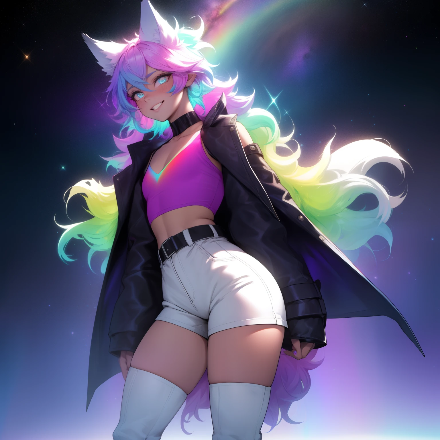 a short, skinny, galactic space young boy wearing a leather rainbow trench coat with a peacock inspired design, glowing blue eyes, wearing cropped t-shirt, flat chested, flat chest (SUPER FLAT CHEST) has wolf ears and a wolf tail, wide hips, pink lips, thick thighs, has long wavy rainbow gradient colored sparkly hair, twink, happy, blushing, flustered, showing thighs, wearing thigh high boots, wearing short shorts, curvy, solo, alone, (SOLO)(ALONE), has long wavy rainbow gradient colored sparkly hair