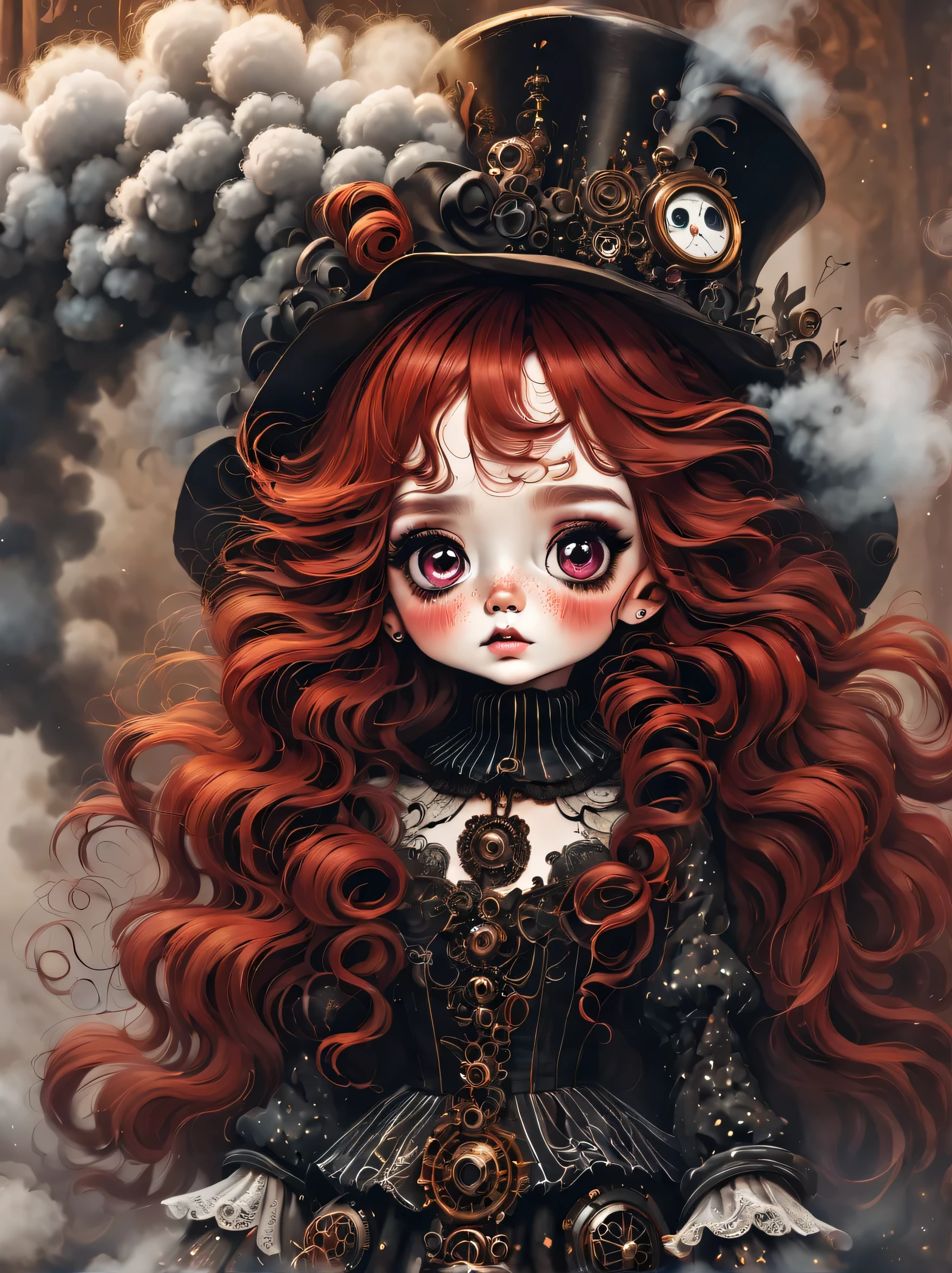 （best quality，masterpiece：1.2，detailed details），（strange doll girl,big eyes，small freckles， Fluffy red hair），（dark Gothic，steampunk gothic victorian style）, dark, engulfed in smoke
