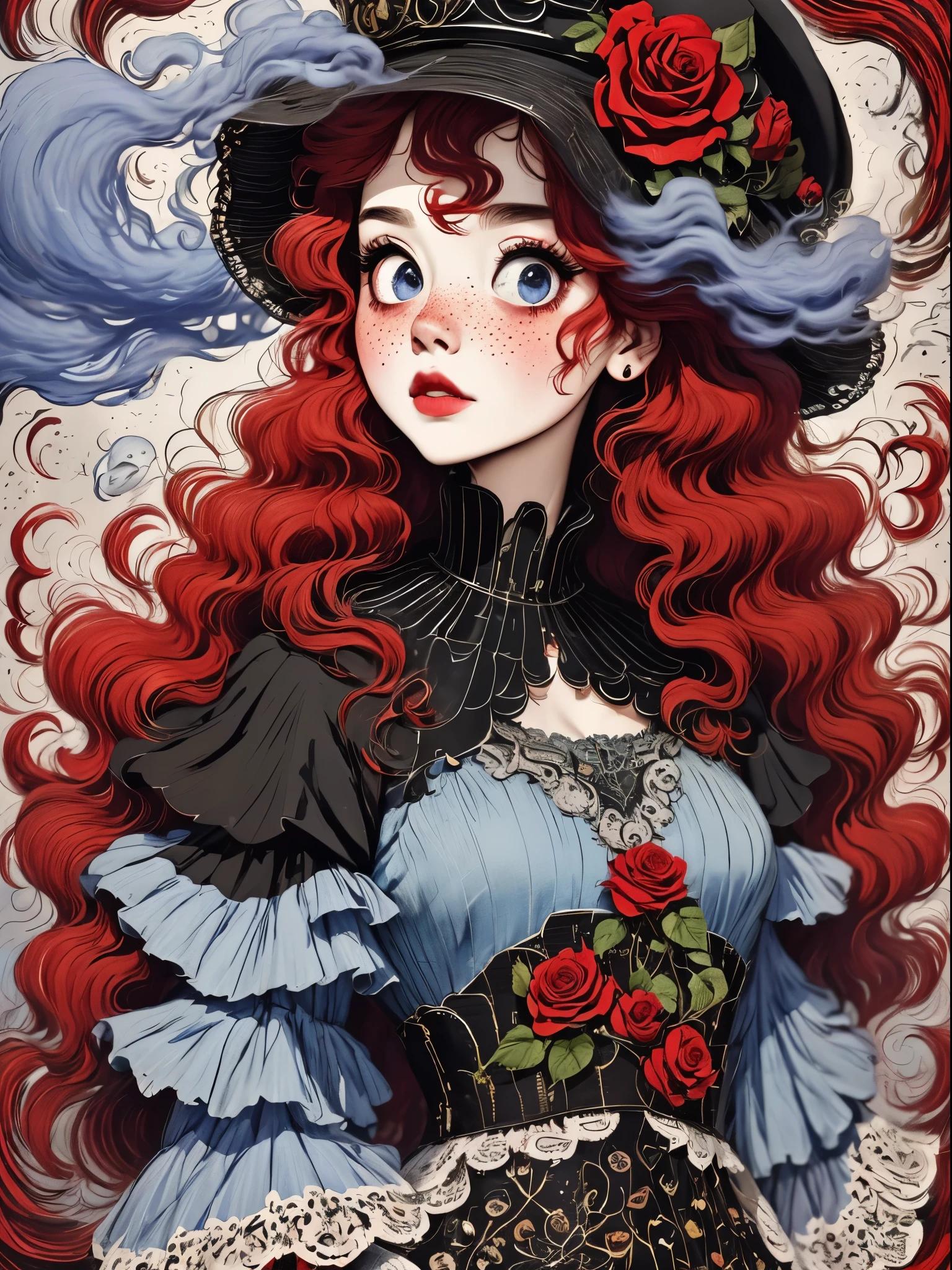 （best quality，masterpiece：1.2，detailed details，4k），（girl, Red hair，big eyes，small freckles，hat，black手套），（roses，Gothic），（vaporwave，transpiration，gas，steampunk gothic victorian style）, deep emotions, enthusiasm, red，black，blue, Rose background， blue烟雾背景，Smoke lines，Devour