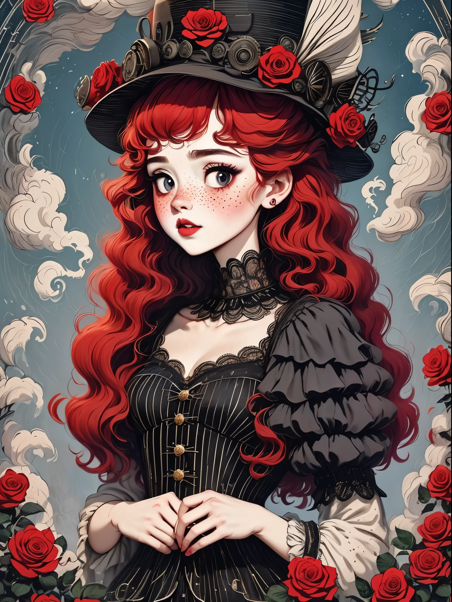 （best quality，masterpiece：1.2，detailed details，4K），（girl, Red hair，big eyes，small freckles，hat），（roses，Gothic），（vaporwave，transpiration，gas，steampunk gothic victorian style）, deep emotions, enthusiasm, red，black，Blue, Rose background， Blue烟雾背景，Smoke lines，Devour