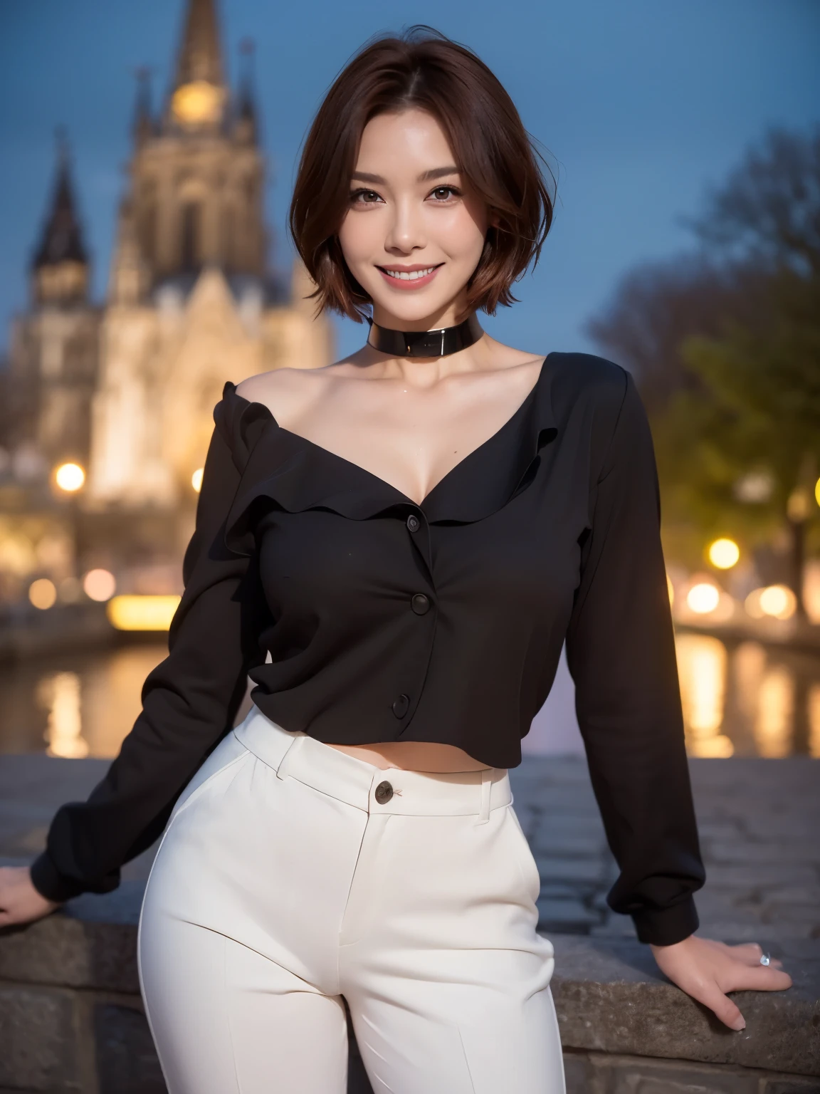（38 years old), （black wool jacket）,（white wool pants）、（white ruffle blouse）, double eyelid, eyelash, Red lip gloss, (smile）、 (looking at the viewer、Are standing), (From above:0.2)、尖ったred mouth、(black wet shiny short hair),red mouth,clavicle、 (Photoreal:1.3),(RAW photo）,(Cologne, Germany, woman standing in front of old city walls, cobblestone streets, high ramparts, and city gates visible, lit by the evening sun,) , 8k, super detail, best quality, textured skin, anatomically correct, masterpiece , top quality, cinematic lighting, Use perspective throughout , surrealism , ,(photorealistic:1. 3),(RAW photo) , black hair, light smile, short hair, bob cut, anaglyph, stereogram, (MILF:1), (38 years old), ((Close:0.5)), glare, double eyelids, lip gloss, (smile:1), ((eyes closed:0.85)), red mouth, collar bone, ((looking at viewer)), (short auburn hair wet and shiny), (full body in view) , Slightly thicker body shape , wide-eyed eyes , perfectly round eyes , fine texture
