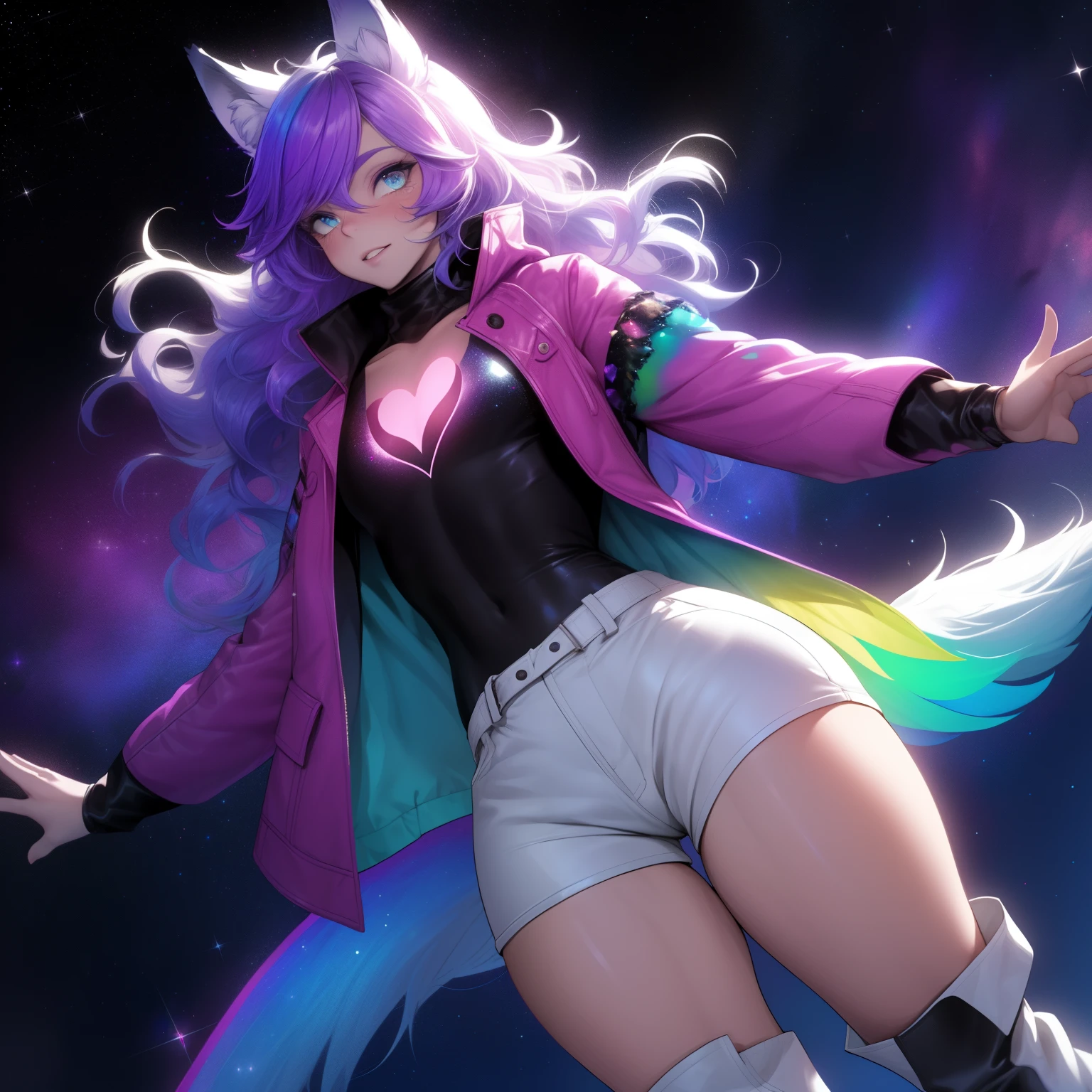 a short, skinny, galactic space young boy wearing a leather rainbow trench coat with a peacock inspired design, glowing blue eyes, wearing cropped t-shirt, flat chested, flat chest (SUPER FLAT CHEST) has wolf ears and a wolf tail, wide hips, pink lips, thick thighs, has long wavy rainbow gradient colored sparkly hair, twink, happy, blushing, flustered, showing thighs, wearing thigh high boots, wearing short shorts, curvy, solo, alone, (SOLO)(ALONE), has long wavy rainbow gradient colored sparkly hair, floating hearts, peacock feathers