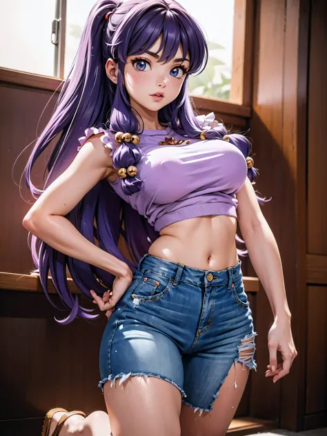 anime cabelo purple com short jeans e blusa rosa brilhante, 18 anos, corpo bonito, seios grandes, com as hands on chest, hands o...