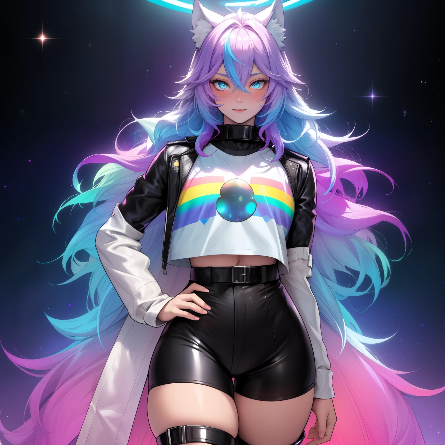 a short, skinny, galactic space young boy wearing a leather rainbow trench coat with a peacock inspired design, glowing blue eyes, wearing cropped t-shirt, flat chested, flat chest (SUPER FLAT CHEST) has wolf ears and a wolf tail, wide hips, pink lips, thick thighs, has long wavy rainbow gradient colored sparkly hair, twink, happy, blushing, flustered, showing thighs, wearing thigh high boots, wearing short shorts, curvy, solo, alone, (SOLO)(ALONE), has long wavy rainbow gradient colored sparkly hair