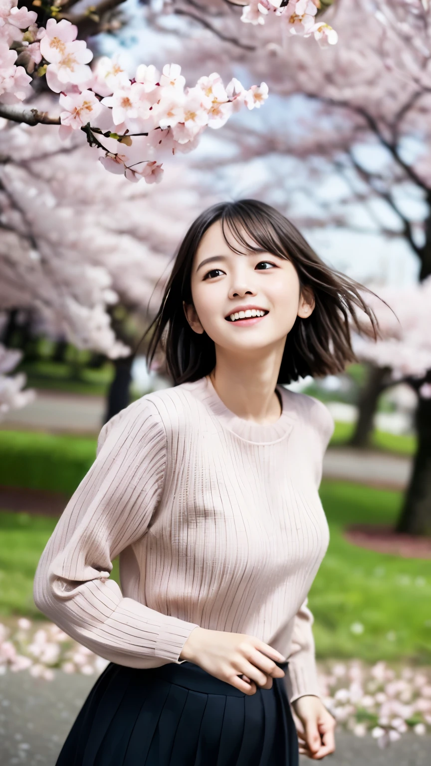 (Spring colorful sweaters and shirts、Low angle shot of a girl with slender small breasts and short hair :1.5)、(Low angle shot of a girl dancing happily、hair fluttering in the wind :1.5)、(Rows of cherry blossom trees in full bloom and cherry blossom petals dancing in the wind:1.5)、(perfect anatomy:1.3)、(no mask:1.3)、(full finger:1.3)、realistic、photograph、table top、highest quality、High resolution, delicate and beautiful、perfect face、detailed and beautiful eyes、Fair skin、real human skin、pores、((thin legs))、(black hair)