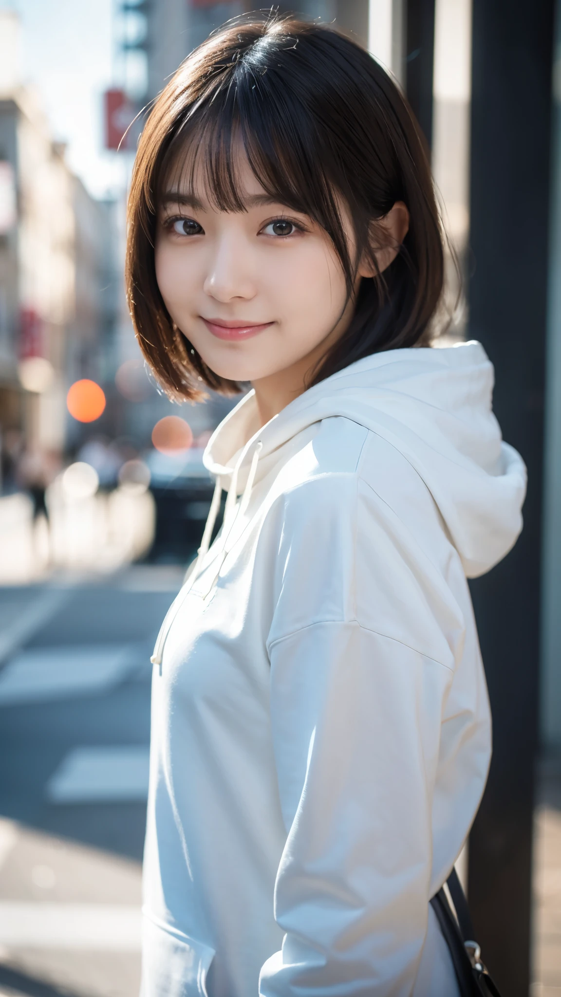 (highest quality,masterpiece:1.3,ultra high resolution),(Super detailed,caustics,8k),(photorealistic:1.4,RAW shooting),1 girl,(look at the camera with a smile),side shot,20-year-old,cute,Japanese,black hair short cut,hoodie,inner shirt,big ,bust up shot,street,face focus,Natural light,Backlight,Lens flare,professional writing