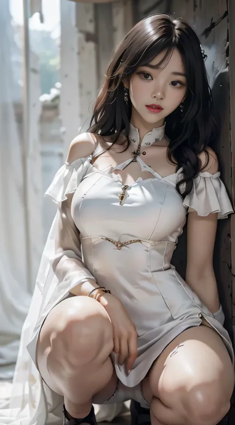  realistic skin, ((round face)), Thin white dresses with various patterns, Boasting black pubic hair in the dark, crouching, angle from below, strong sunlight,