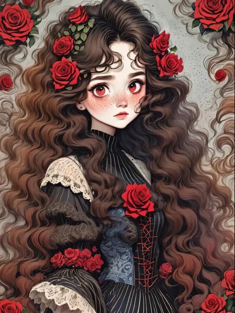 （best quality，masterpiece：1.2，detailed details，4k），（girl, wavy long hair，red头发，big ear，big eyes，small freckles，exaggerated expre...