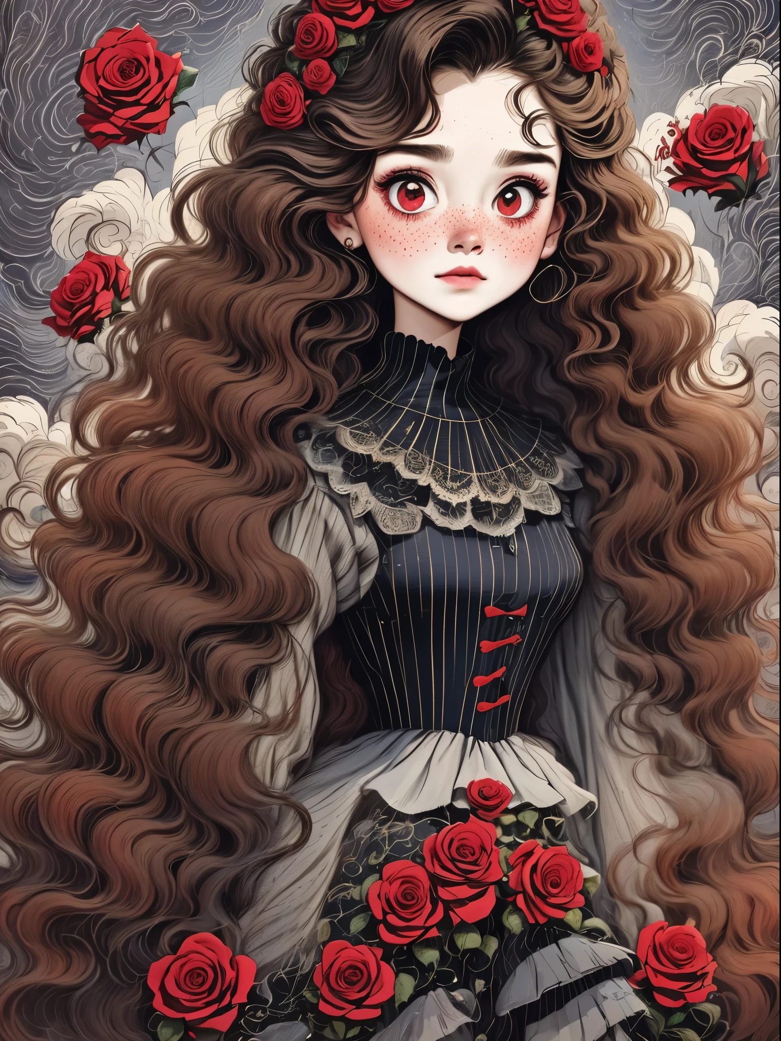 （best quality，masterpiece：1.2，detailed details，4k），（girl, wavy long hair，red头发，big ear，big eyes，small freckles，exaggerated expression，），（roses，Gothic），（vaporwave，transpiration，gas，steampunk gothic victorian style）, deep emotions, enthusiasm, red，black，blue, Rose background， blue烟雾背景，Smoke lines，Devour