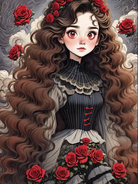 （best quality，masterpiece：1.2，detailed details，4k），（girl, wavy long hair，red头发，big ear，big eyes，small freckles，exaggerated expre...