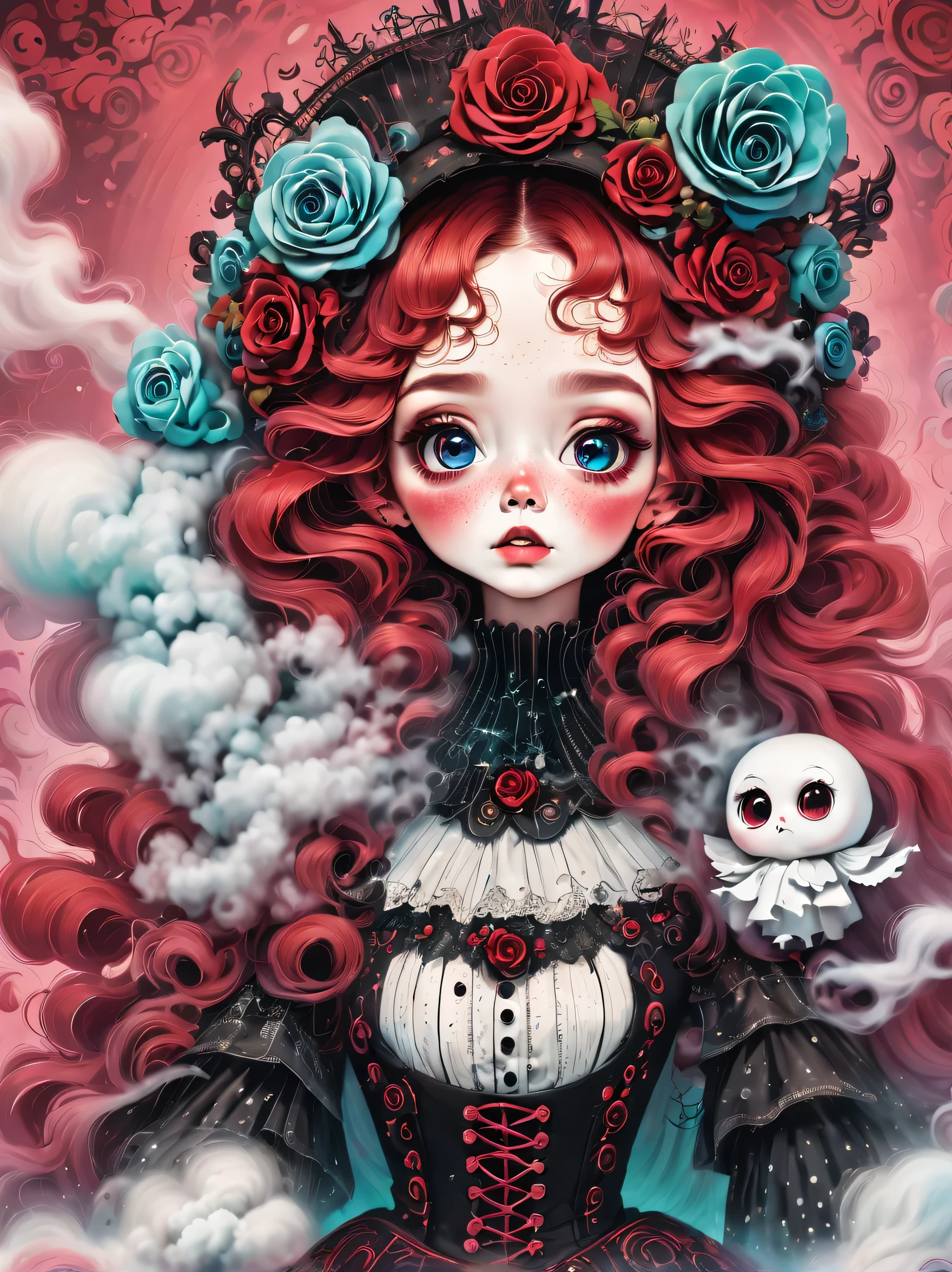 （best quality，masterpiece：1.2，detailed details），（strange doll girl,big eyes，small freckles， Fluffy red hair），（dark Gothic，steampunk gothic victorian style）, dark, engulfed in smoke
