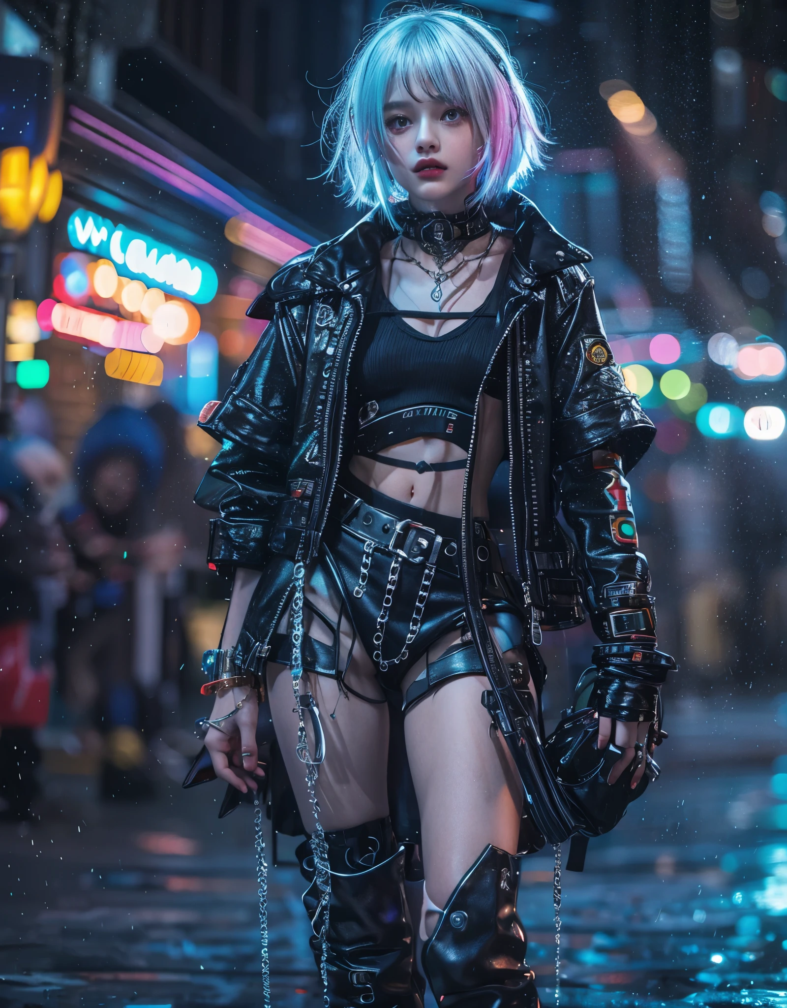silver-haired beautiful girl, cyberpunk accessories, black crop top, glossy high-collar jacket, multi-layered asymmetrical long skirt, fashionable boots, neon-speckled night city, warm streetlights, her shining under the lights, mist effect