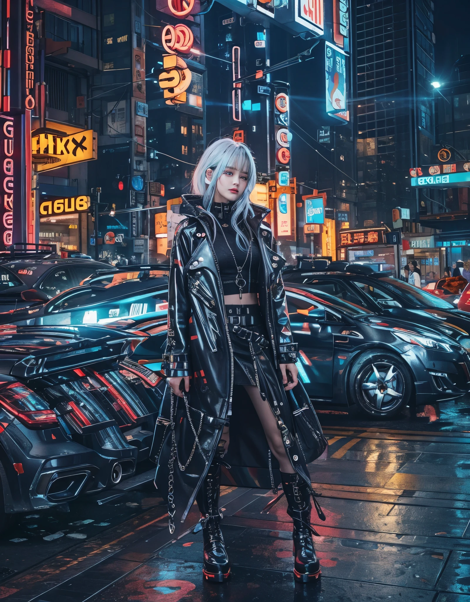 silver-haired beautiful girl, cyberpunk accessories, black crop top, glossy high-collar jacket, multi-layered asymmetrical long skirt, fashionable boots, neon-speckled night city, warm streetlights, her shining under the lights, mist effect