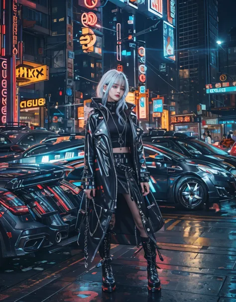 silver-haired beautiful girl, cyberpunk accessories, black crop top, glossy high-collar jacket, multi-layered asymmetrical long ...