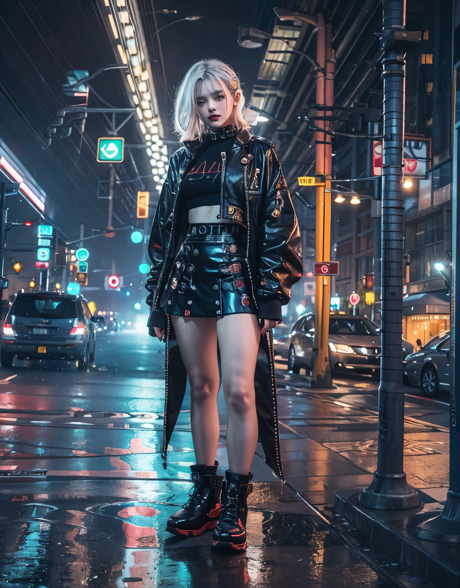 silberhaariges schönes Mädchen, cyberpunk accessories, schwarzes bauchfreies Top, glänzende Jacke mit hohem Kragen, mehrlagiger asymmetrischer langer Rock, modische Stiefel, Neon gesprenkelte Nachtstadt, warme Straßenlaternen, sie glänzt im Licht, Nebeleffekt