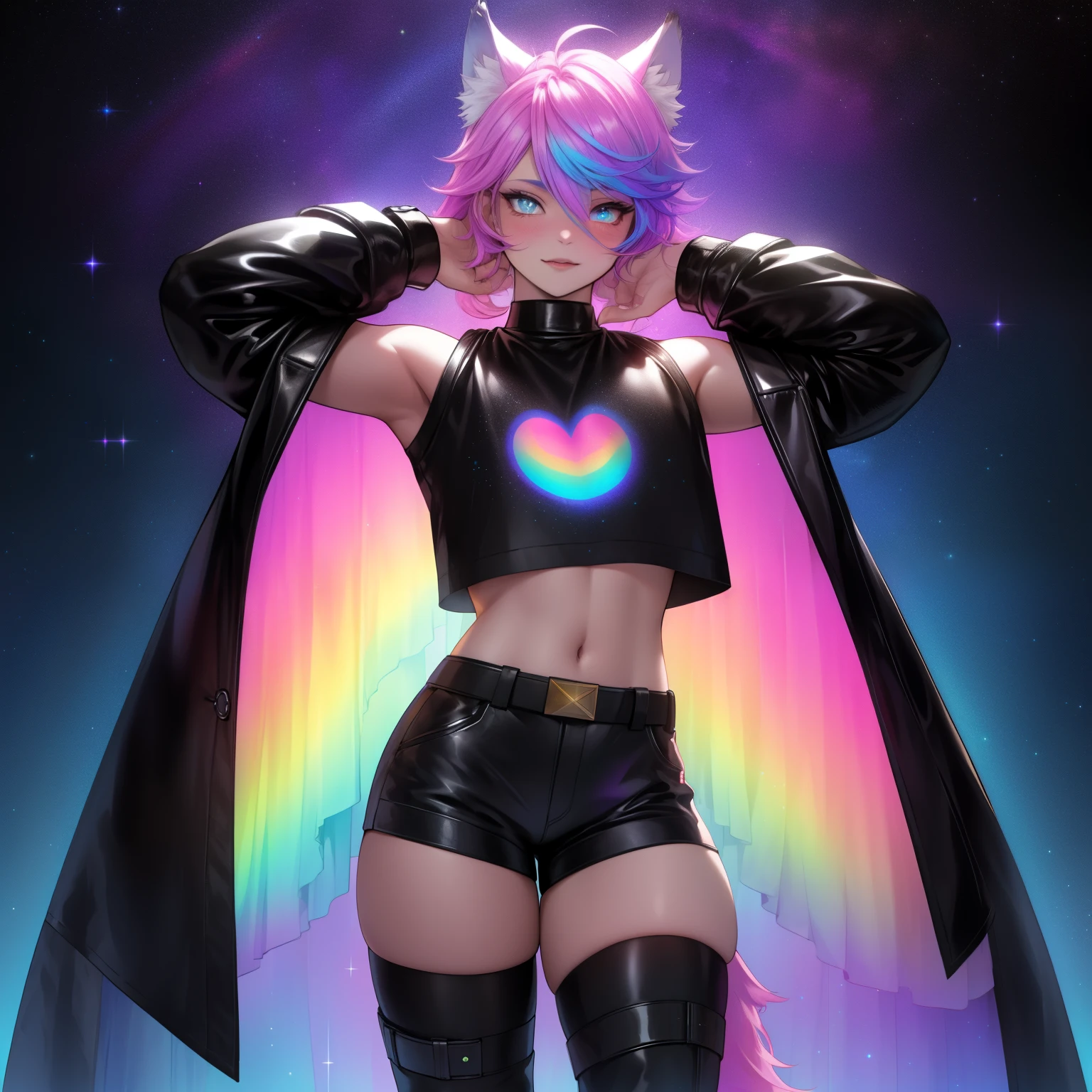 a short, skinny, galactic space young boy wearing a leather rainbow trench coat with a peacock inspired design, glowing blue eyes, wearing cropped t-shirt, flat chested, flat chest (SUPER FLAT CHEST) has wolf ears and a wolf tail, wide hips, pink lips, thick thighs, has long wavy rainbow gradient colored sparkly hair, twink, happy, blushing, flustered, showing thighs, wearing thigh high boots, wearing short shorts, curvy, solo, alone, (SOLO)(ALONE), has long wavy rainbow gradient colored sparkly hair