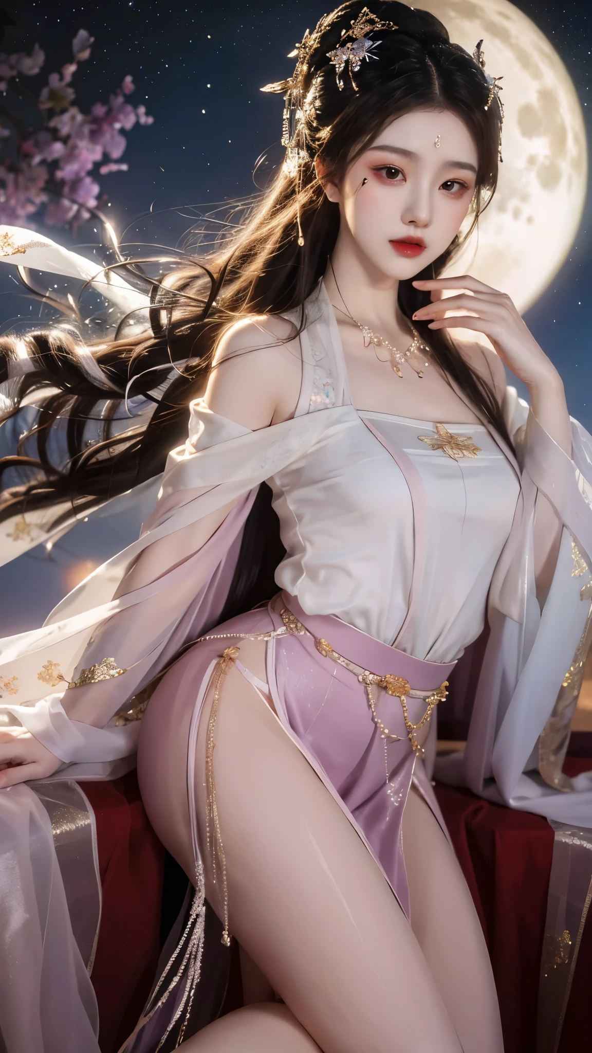 ((knee shot)), red lips, a mature woman, Exquisite makeup, national style, lifelike、real picture、((realistically:1.5))、White phalaenopsis around hair，Lilac dendrobium、White Lily、1 girl、brown hair、flowing hair、plump breasts, slim body, Slender sexy legs, Charming legs, strike an elegant pose, Have extremely beautiful facial features、hairpins on head、perfect hands、(night、moon、cliff)、 vector art、Chinese contemporary art、soft light、look down