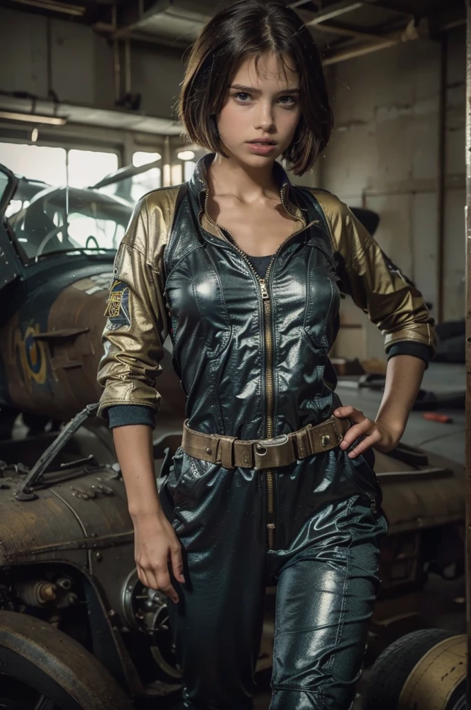 ((best quality)), ((masterpiece)), (detailed),a girl,alluring female pilot in black and gold vaultgirl combat suit from fallout game.
，  cluttered repair shop, scattered fighter plane parts, (authentic fighter plane ambiance:1.2), 8k resolution,looking at another, looking away,masterpiece, best quality,Photorealistic, ultra-high resolution, photographic light. flirts with camera