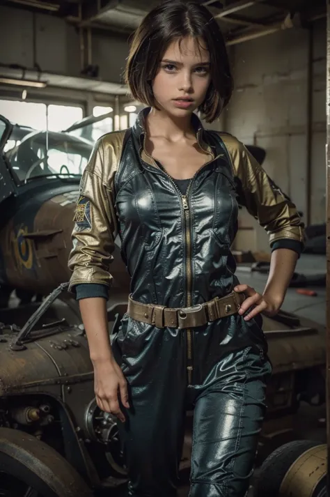 ((best quality)), ((masterpiece)), (detailed),a girl,alluring female pilot in black and gold vaultgirl combat suit from fallout ...