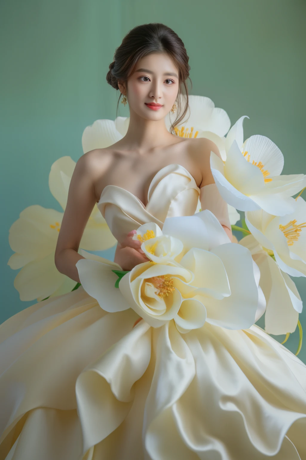 rosa Hintergrund,  Arafed Frau in einem weißen Kleid mit großen Blumen auf ihrem Kleid,, Inspiriert von Liu Haisu, aus Seidenpapier, robe. extrem hohe Details, Blumen-Couture, inspiriert von Ruan Jia, fließendes Kleid, schönes Kleid angezogen, kompliziertes Kleid, Sha Xi, Inspiriert von Huang Ji, inspiriert von Wen Jia, yanjun chengt, ein aufwendiges Kleid