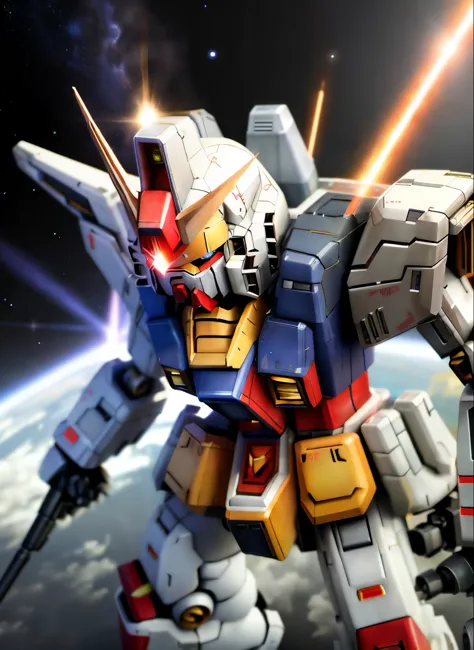 ((SF))、(masterpiece)、highest quality、Highly detailed CG Unity 8k wallpaper、((SD Gundam 1.2))、(F91 キー)、sharp gaze、Confront the enemy with a bazooka and saber、dance in the air、Flying through the sky like a comet、surrounded by fin funnels、chibi character、back...